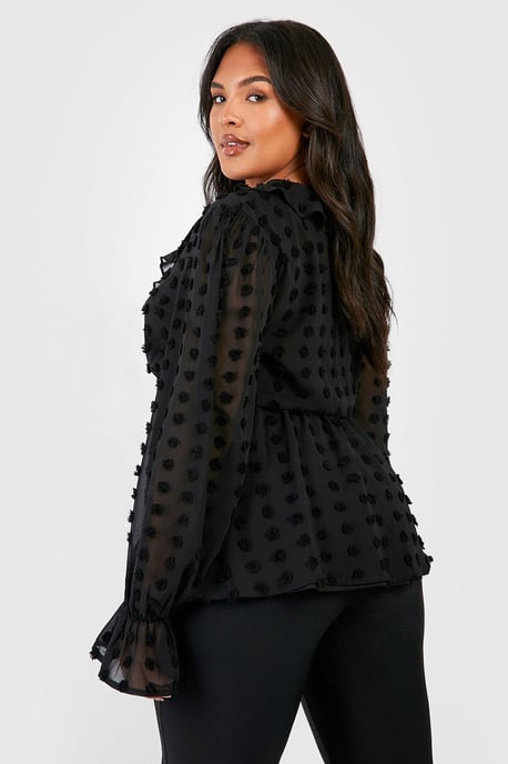 Plus Large Dobby Chiffon Ruffle Smock Top - Image 2