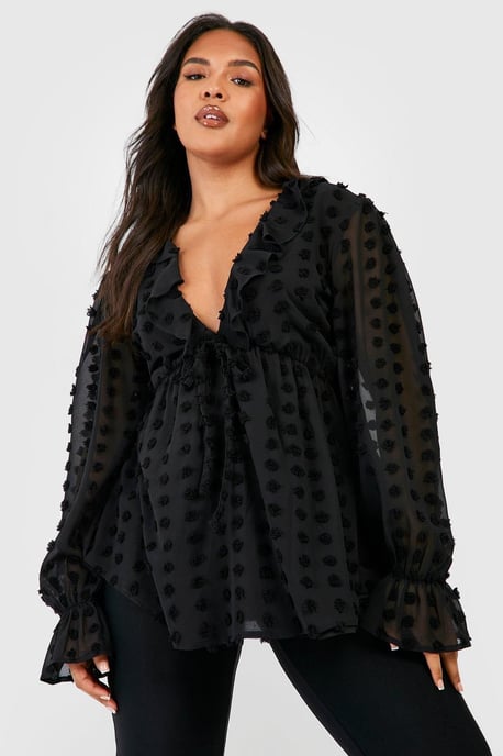 Plus Large Dobby Chiffon Ruffle Smock Top - Image 3