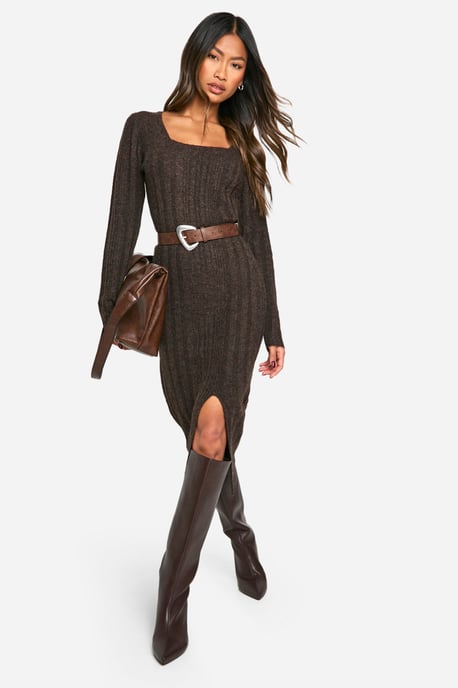 Square Neck Mixed Rib Knitted Midaxi Dress - Image 1