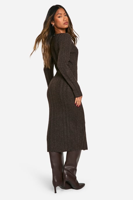 Square Neck Mixed Rib Knitted Midaxi Dress - Image 2