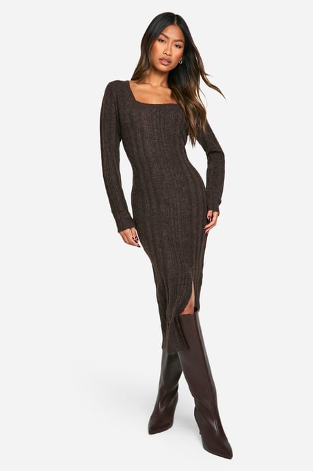 Square Neck Mixed Rib Knitted Midaxi Dress - Image 3