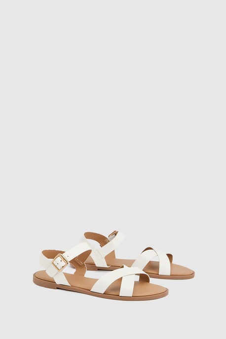 Wide Fit Florence Faux Leather Cross Strap Flat Sandals - Image 1