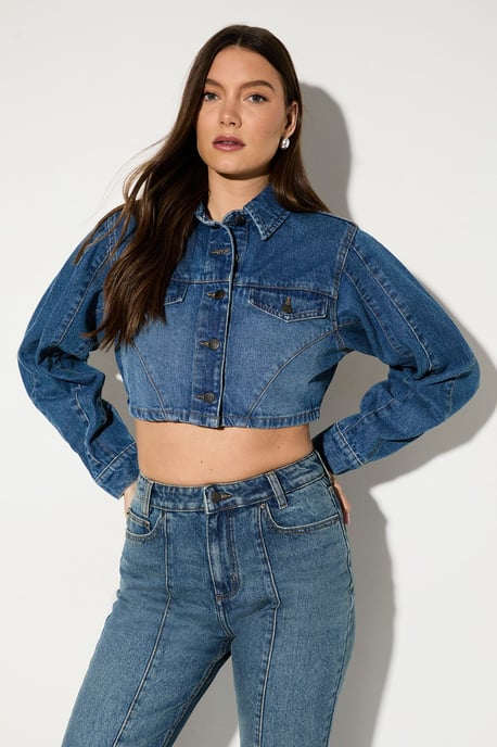 Seam Detail Cropped Denim Jacket - Image 1