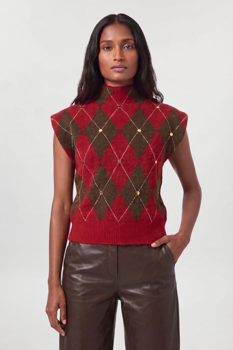 Studded Argyle Wool Blend Cosy Knitted Top - Image 3