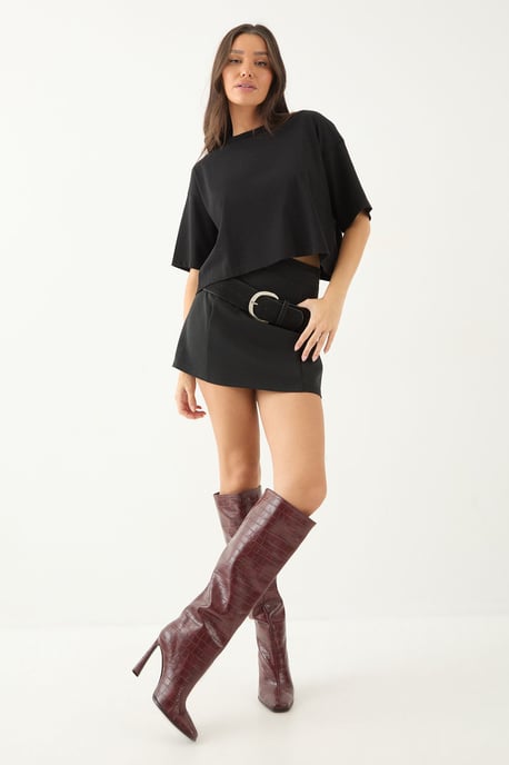 Faux Croc Leather High Flared Stiletto Heel Knee Boots - Image 2