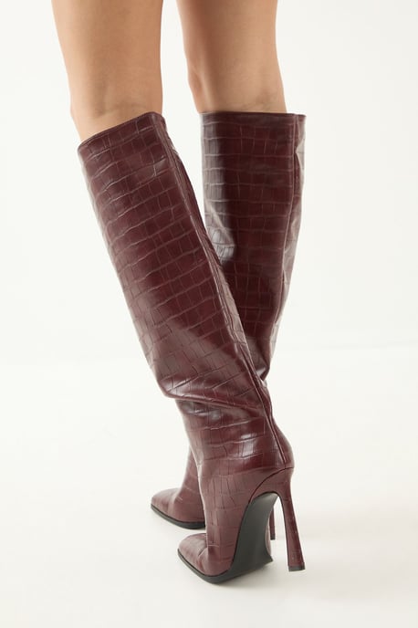 Faux Croc Leather High Flared Stiletto Heel Knee Boots - Image 3