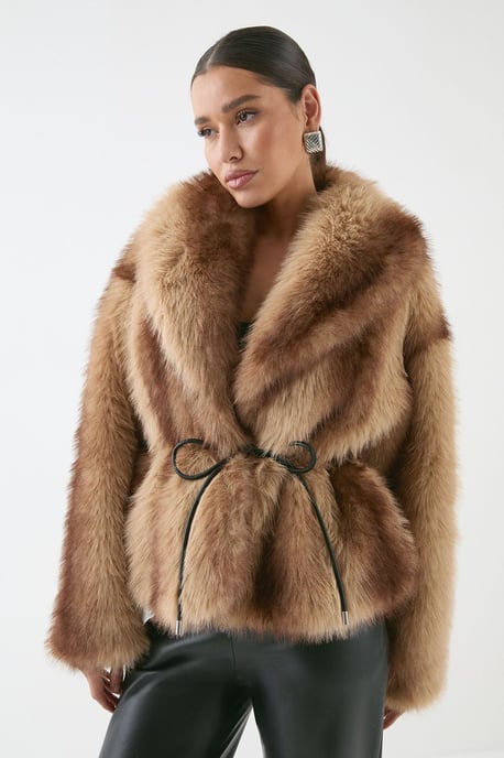 Faux Fur Wide Collar Belted Jacket - Image 1