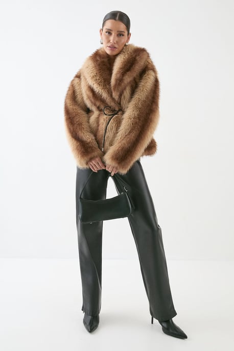 Faux Fur Wide Collar Belted Jacket - Image 2