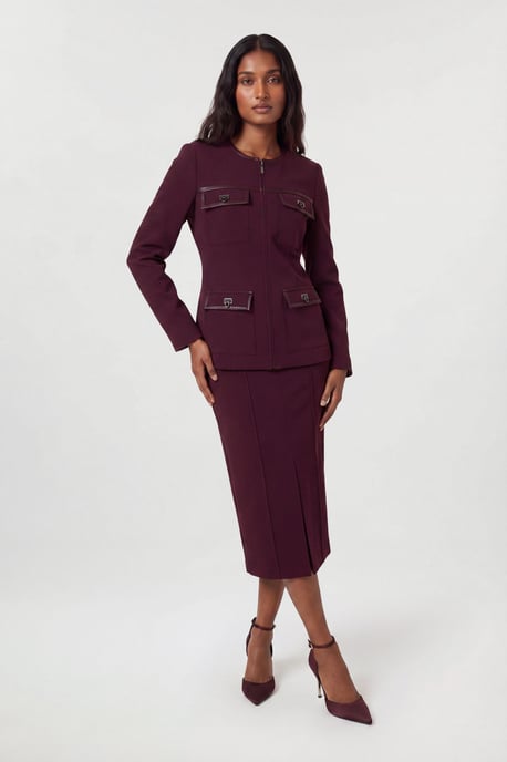 Forever Compact Stretch & PU Turn Lock Detail Tailored Midi Pencil Skirt - Image 1