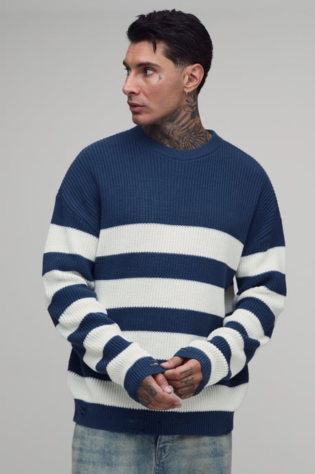 Tall Striped Distressed Knitted Jumper - Image 1