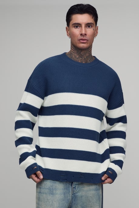 Tall Striped Distressed Knitted Jumper - Image 2