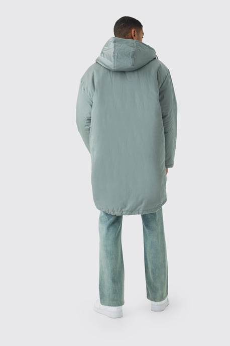Oversized Satin Padded Longline Parka In Sage - Image 2