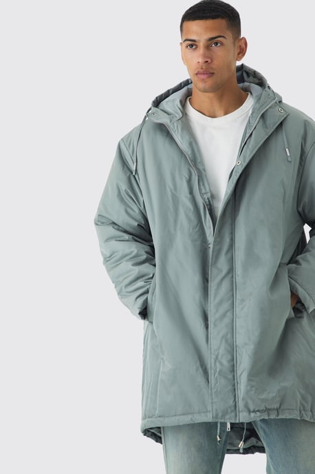 Oversized Satin Padded Longline Parka In Sage - Image 3