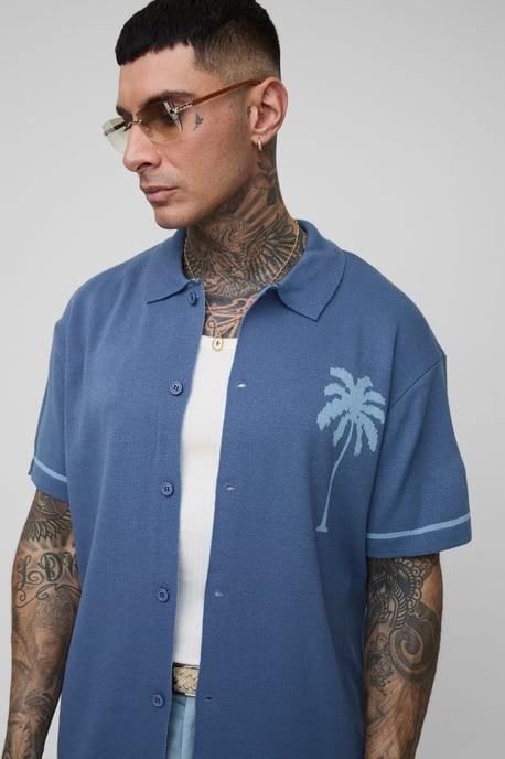 Tall Relaxed Palm Scenic Jacquard Knitted Shirt - Image 3
