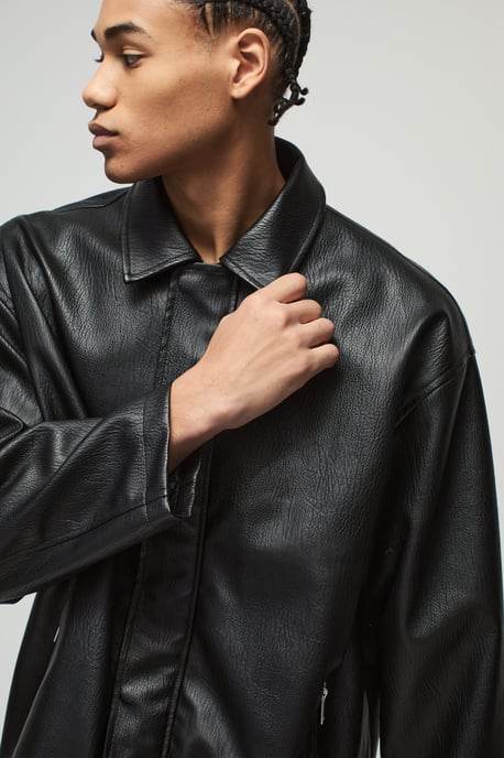 Oversized Zip Through PU Collared Car Coat - Image 3