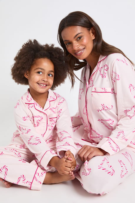 Kids Matching Family Super Soft Candy Cane Print Long Sleeve Shirt & Trousers Pyjama Set - Image 1