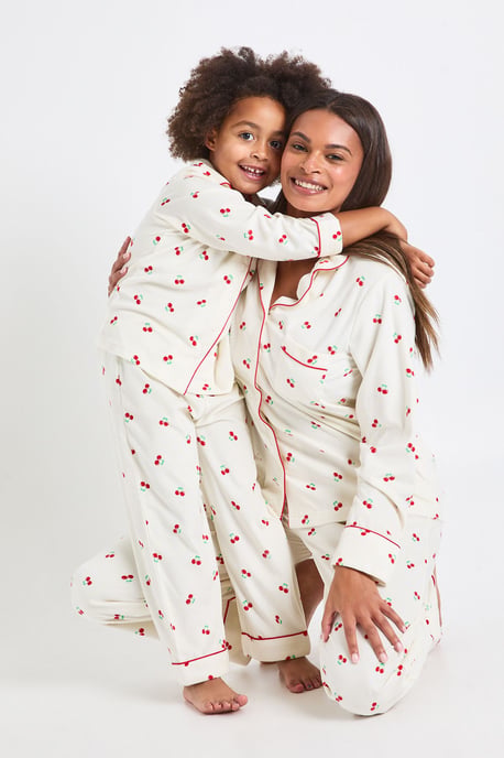 Kids Matching Family Cherry Print Baby Fleece Long Sleeve Shirt & Trousers Pyjama Set - Image 1