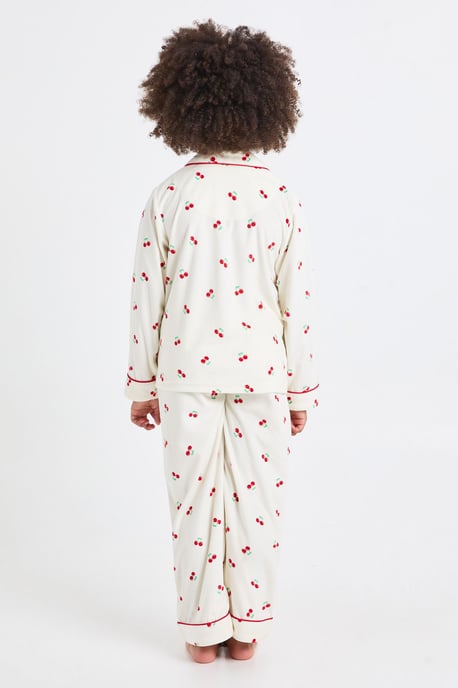 Kids Matching Family Cherry Print Baby Fleece Long Sleeve Shirt & Trousers Pyjama Set - Image 2