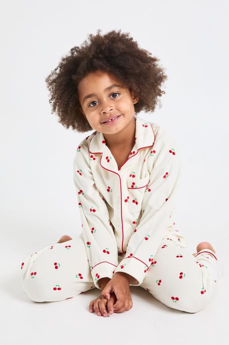 Kids Matching Family Cherry Print Baby Fleece Long Sleeve Shirt & Trousers Pyjama Set - Image 3