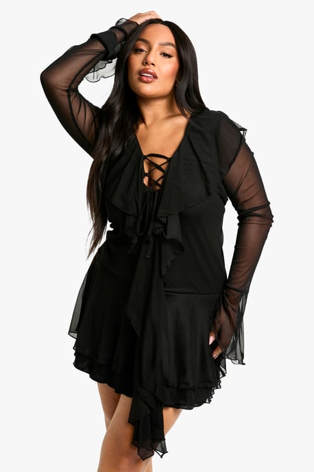 Plus Mesh Ruffle Lace Up Skater Dress - Image 1