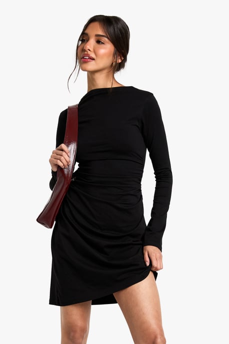 Ruched Slash Neck Mini Dress - Image 1