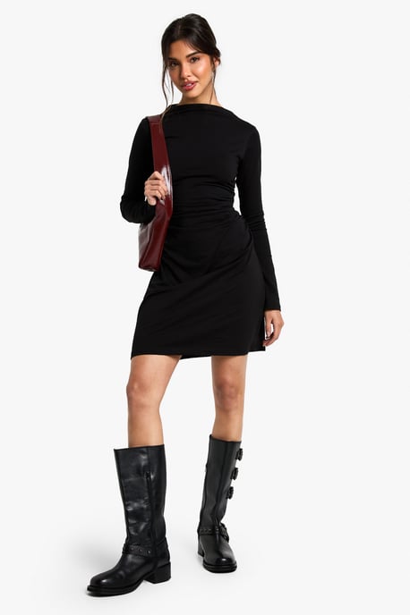 Ruched Slash Neck Mini Dress - Image 3