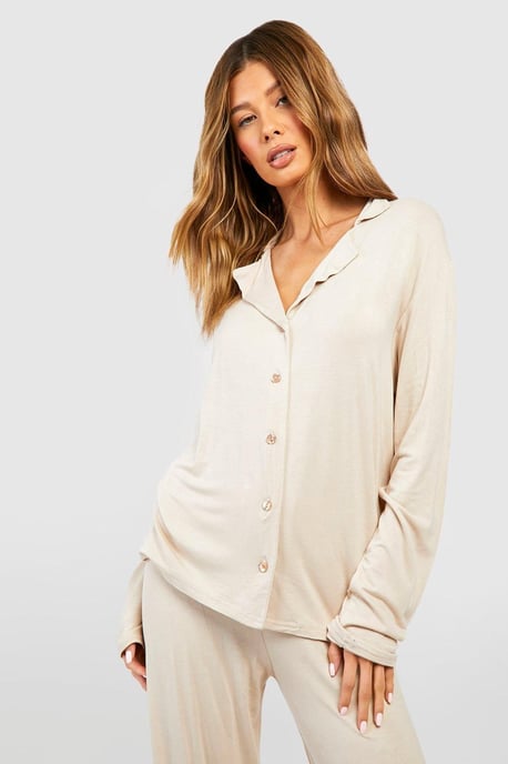 Jersey Long Sleeve Button Up Pyjama Shirt - Image 1