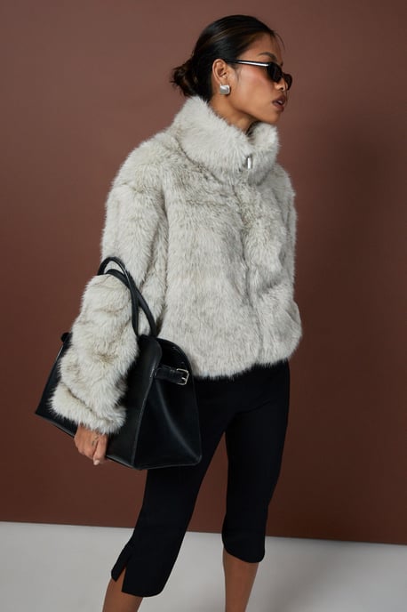 Vintage Look Faux Fur Funnel Neck Jacket - Image 3