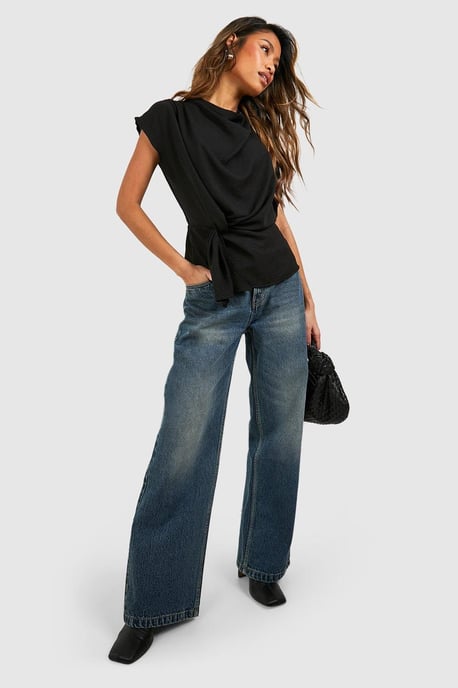 Hammered Knot Front Cowl Neck Blouse - Image 3