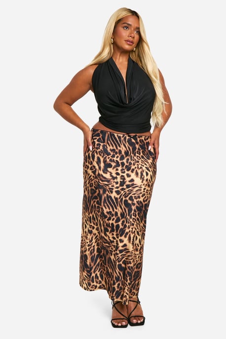 Plus Leopard Woven Stretch Bow Trim Midaxi Skirt - Image 3