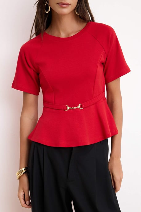 TRENDYOLMİLLA Dames Rood Effen Kort Peplum Blouses - Image 2