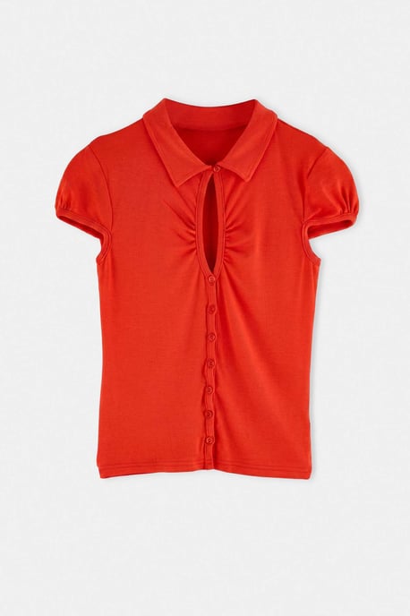 TRENDYOLMİLLA Dames Rood Effen Kort Getailleerd Blouses - Image 4