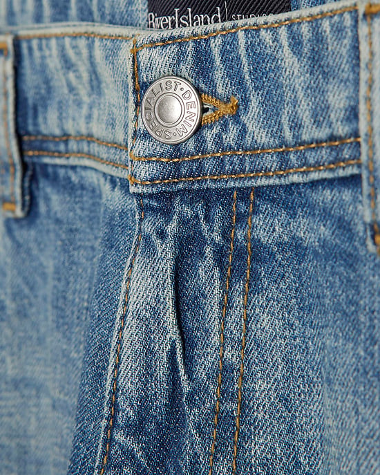 River Island Mens Straight Jeans Blue Leg Linen Blend Zip Button - Image 5