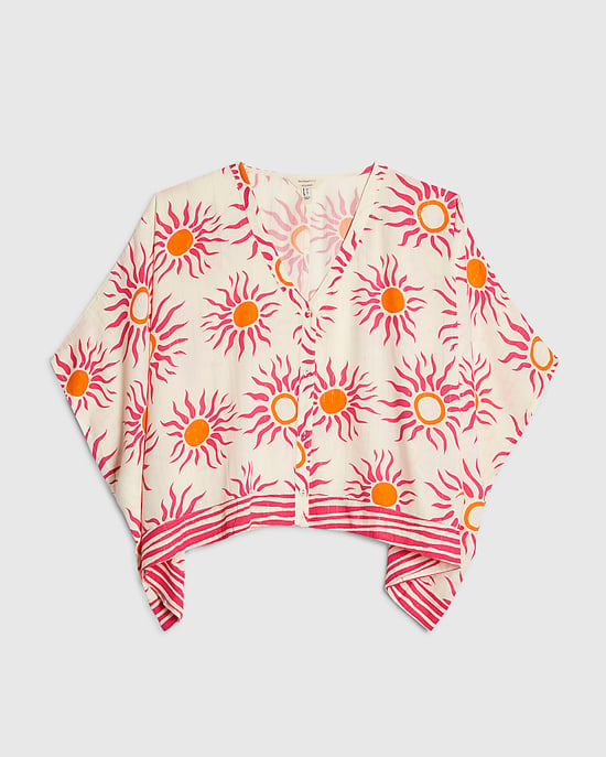 River Island Womens Blouse White Sun Print V-Neck Button Down - Image 6