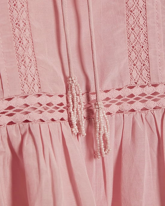 River Island Womens Blouse Pink Cotton Blend Lace Insert Tie - Image 5