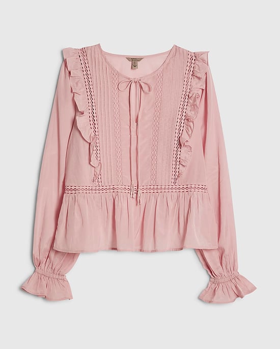 River Island Womens Blouse Pink Cotton Blend Lace Insert Tie - Image 6