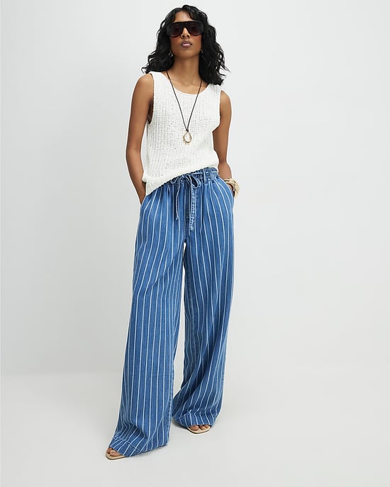 River Island Womens Wide Leg Jeans Blue Stripe Paperbag Mid Rise - Image 2