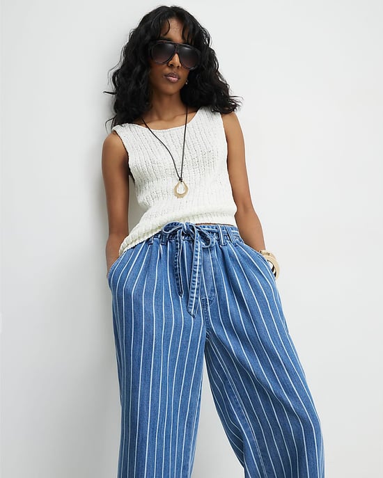 River Island Womens Wide Leg Jeans Blue Stripe Paperbag Mid Rise - Image 3