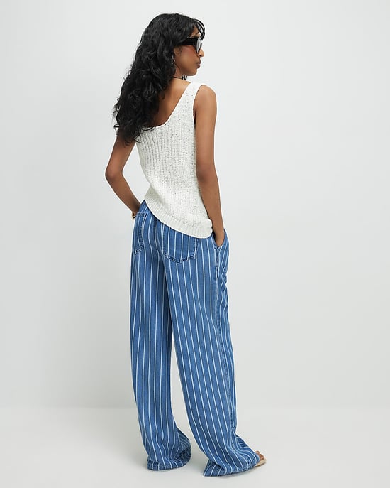 River Island Womens Wide Leg Jeans Blue Stripe Paperbag Mid Rise - Image 4
