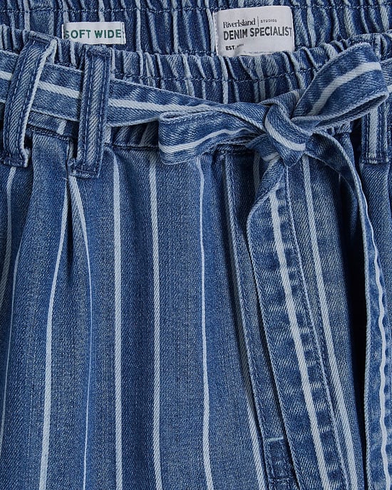River Island Womens Wide Leg Jeans Blue Stripe Paperbag Mid Rise - Image 5
