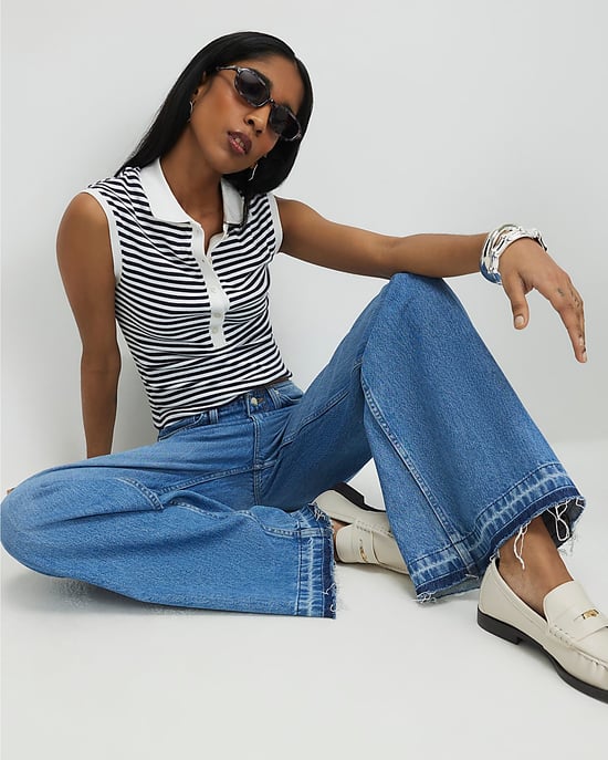 River Island Womens Wide Leg Jeans Blue Turn Down Hem Clean Waist - Image 2