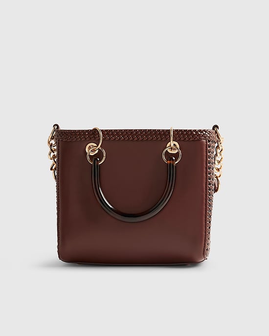 River Island Womens Mini Tote Bag Brown Woven Zip Top Fandle - Image 2