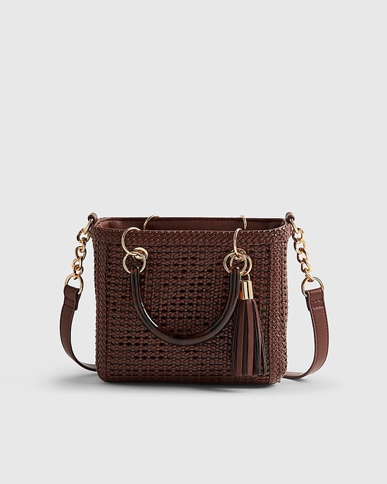 River Island Womens Mini Tote Bag Brown Woven Zip Top Fandle - Image 4