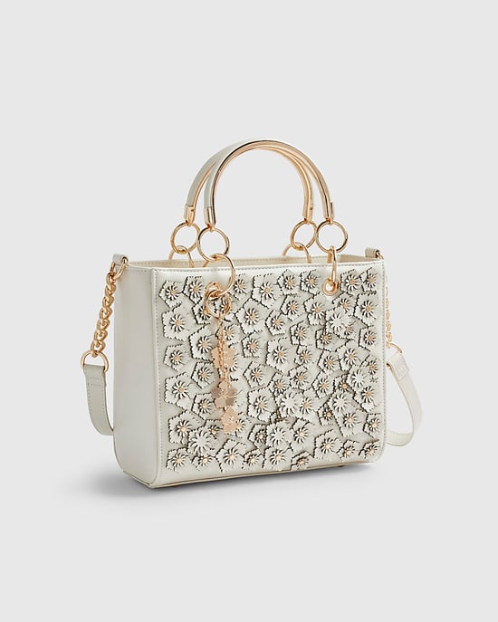River Island Womens Tote Bag Cream Floral Applique Charms Zip - Image 1