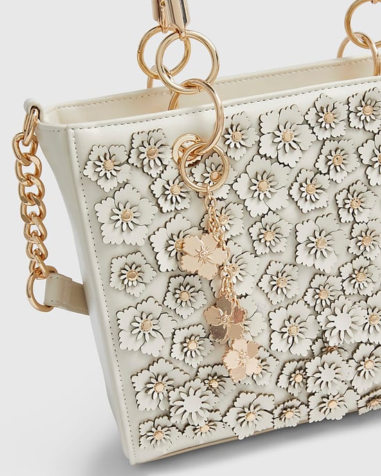 River Island Womens Tote Bag Cream Floral Applique Charms Zip - Image 3
