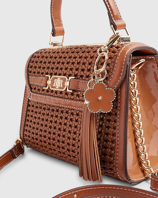 River Island Womens Tote Bag Brown Mini Weave Charm Popper - Image 3