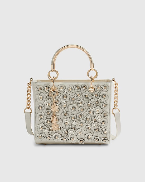 River Island Womens Tote Bag Cream Floral Applique Charms Zip - Image 4
