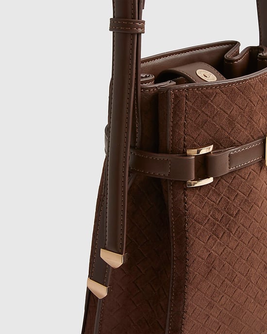 River Island Womens Bucket Bag Brown Buckle Top Weave Detail - Image 3