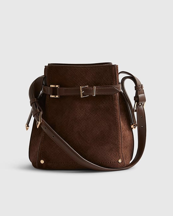 River Island Womens Bucket Bag Brown Buckle Top Weave Detail - Image 4