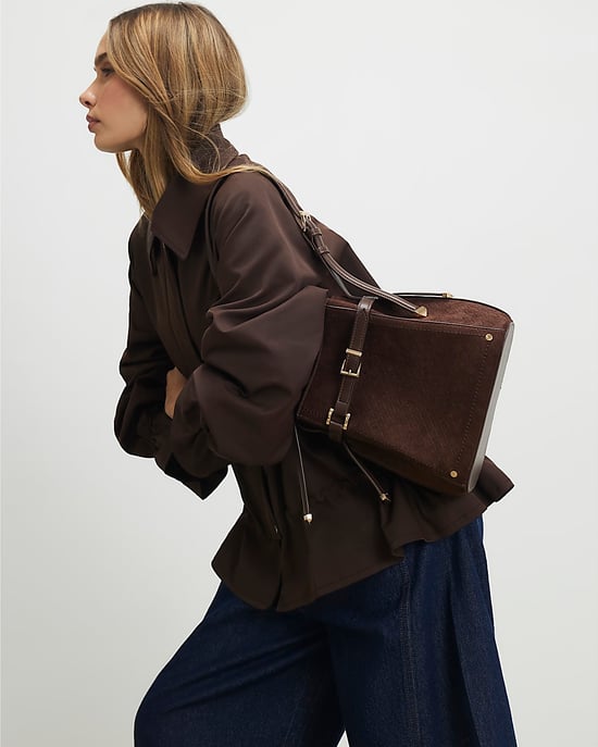 River Island Womens Bucket Bag Brown Buckle Top Weave Detail - Image 5